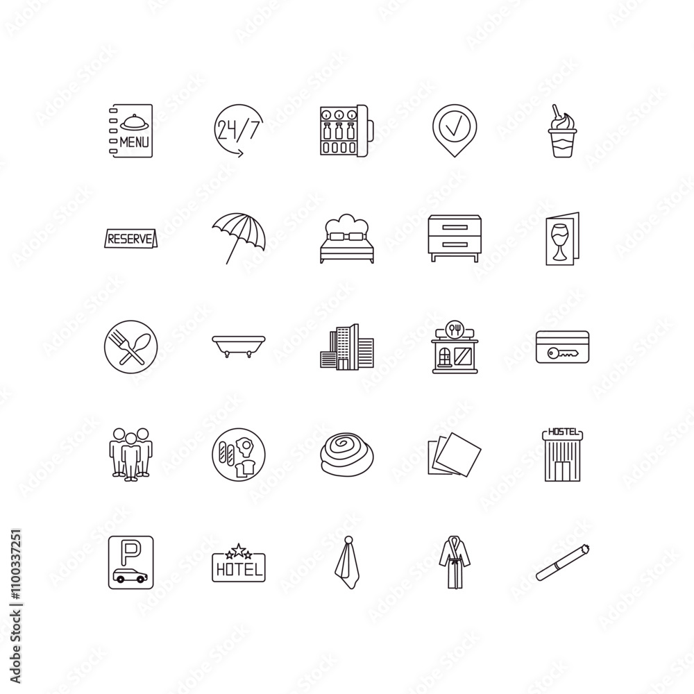 Poster fully editable outline icon collection from hotel concept. thin line icons set such as menu, 24 serv