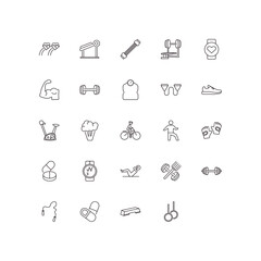 fully editable outline icon collection from gym concept. thin line icons set such as athletic strap, simulator for press, exercise bike, fitness step, rings exercises,