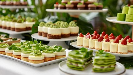 A vibrant display of assorted matcha and berry desserts on tiered trays, ideal for weddings and garden parties