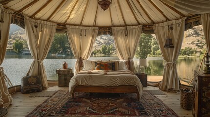 Obraz premium Luxurious yurt bedroom with lake view. (1)