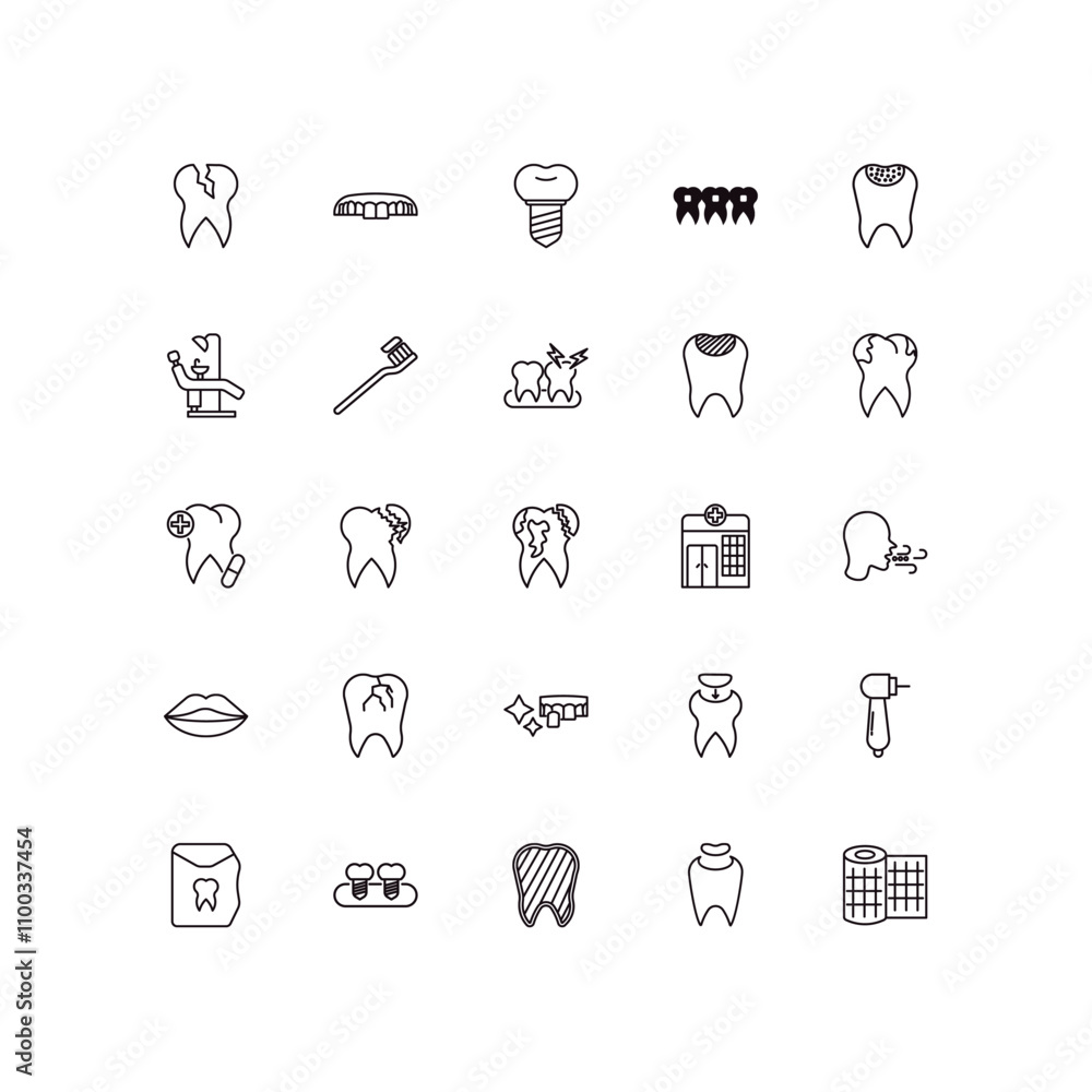 Poster fully editable outline icon collection from dentist concept. thin line icons set such as damaged too
