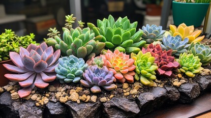 Fototapeta premium Colorful Succulents Planted In A Rock Garden Arrangement