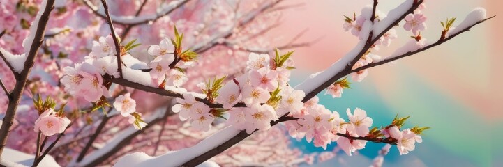 Obraz premium Winter sakuras, pink cherry blossoms covered in fresh snow. Fuyuzakuras banner