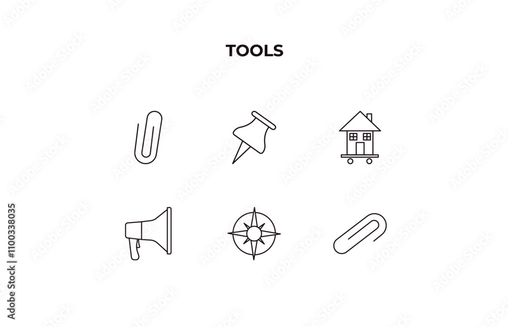 Poster fully editable outline icon collection from tools concept. thin line icons set such as attached, tac