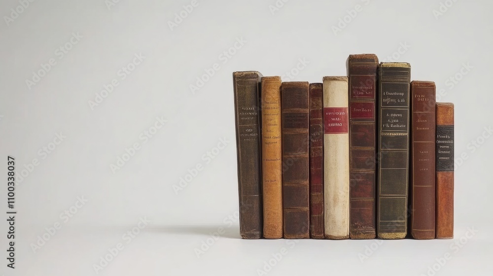 Leinwandbilder a collection of books from different genres is neatly lined up against a white background, showcasin