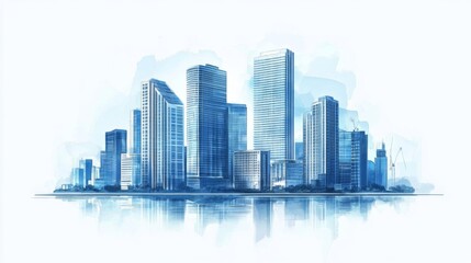 Obraz premium Modern Cityscape: Watercolor Illustration of Skyscrapers and Urban Architecture