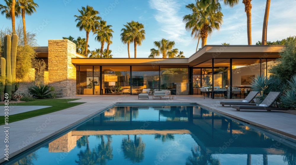 Aufkleber luxurious home with pool surrounded by palm trees in a serene setting. generative ai