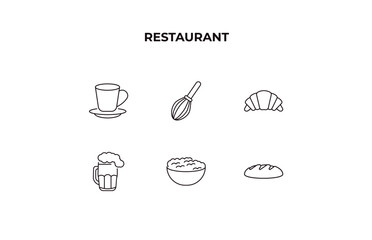 fully editable outline icon collection from restaurant concept. thin line icons set such as breakfast cup, manual mixer, bakery croissant, appetizers bowl, load of bread,