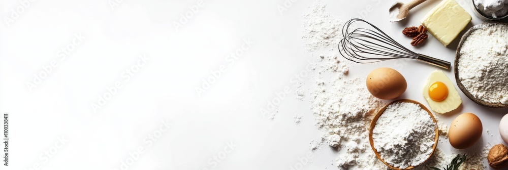 Poster flour, eggs, whisk, and butter are neatly arranged on a white background, leaving a blank area for r