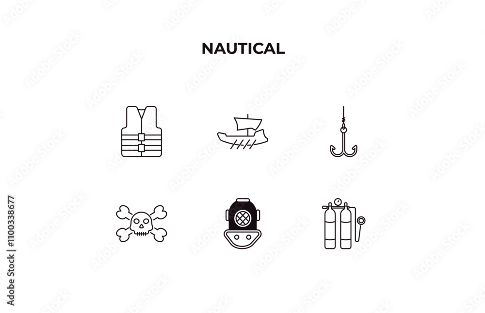 Poster fully editable outline icon collection from nautical concept. thin line icons set such as helm, yach