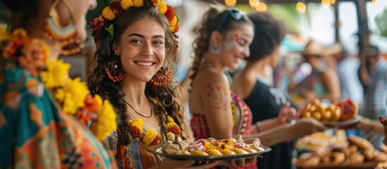Obraz premium Smiling woman in floral headdress serves food at a vibrant festival.