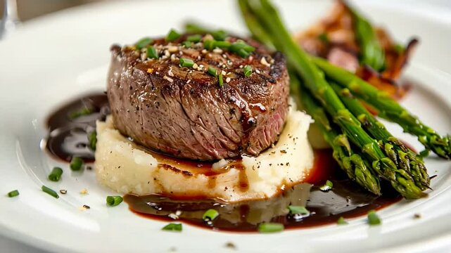 Grilled filet mignon on mashed potatoes with asparagus, ideal for gourmet cuisine and festive dining