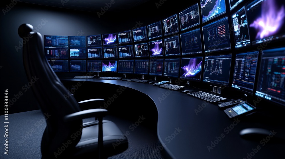 Poster a sleek, modern control room with multiple screens displaying data analytics and stock market graphs