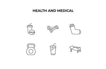 fully editable outline icon collection from health and medical concept. thin line icons set such as fast food, dumbbells, inhalator, juice, hospital bed,