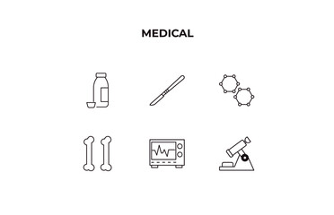 Fototapeta premium fully editable outline icon collection from medical concept. thin line icons set such as syrup medicine bottle, scalpel, molecular structure, heart rate monitor, microscope tool,