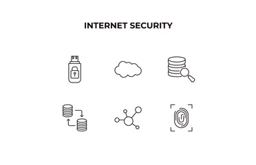 fully editable outline icon collection from internet security concept. thin line icons set such as pendrive security, cloud, data search, hub, fingerprint scan,