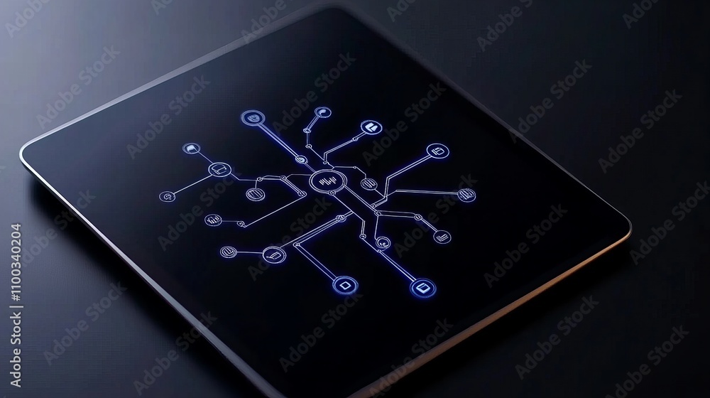 Poster a sleek tablet displaying a futuristic digital circuit design in glowing blue on a dark surface.