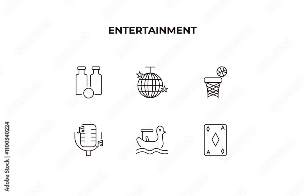 Poster fully editable outline icon collection from entertainment concept. thin line icons set such as bottl