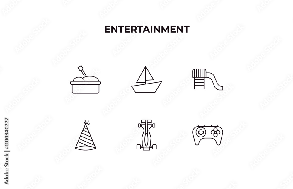 Poster fully editable outline icon collection from entertainment concept. thin line icons set such as sandb