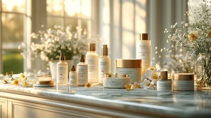 Luxurious skincare products in natural sunlight  
