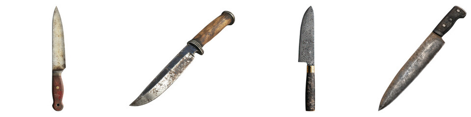 Antique kitchen knife isolated on transparent background, Set of