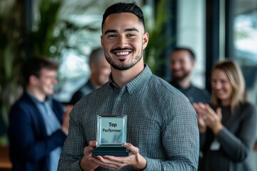 Smiling man receiving Top Performer award
