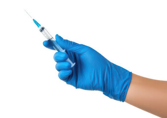Gloved hand holding a medical syringe with a needle on white or transparent background, for health care and medical themes.