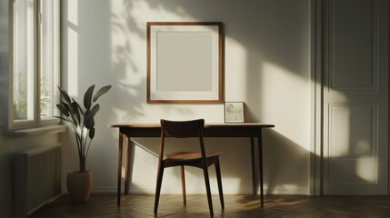 Minimalistic Interior Design Featuring an Empty Desk and Cozy Chair in Soft Natural Light. Generative AI