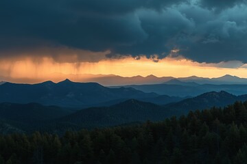 The sky is dark and cloudy, with a few bright orange clouds in the distance