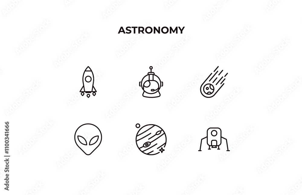 Poster fully editable outline icon collection from astronomy concept. thin line icons set such as liftoff, 