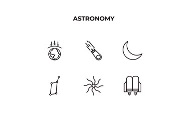 fully editable outline icon collection from astronomy concept. thin line icons set such as aerosphere, comet, crescent moon, nebula, jet pack,