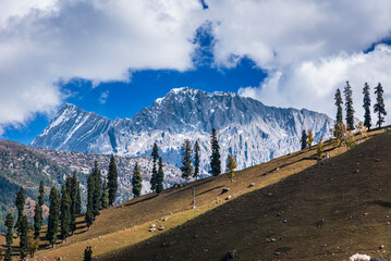 Landscape of black shale stones high mountains near Sonamarg village in Ganderbal district of Jammu and Kashmir, India. It is a popular tourist destination for trekking and Amarnath holy pilgrimage.