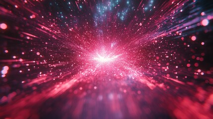 Abstract pink and blue light streaks, glowing particles, cosmic tunnel.