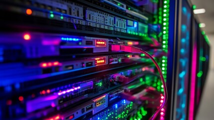 Obraz premium Neon lit data center server room. Technology background