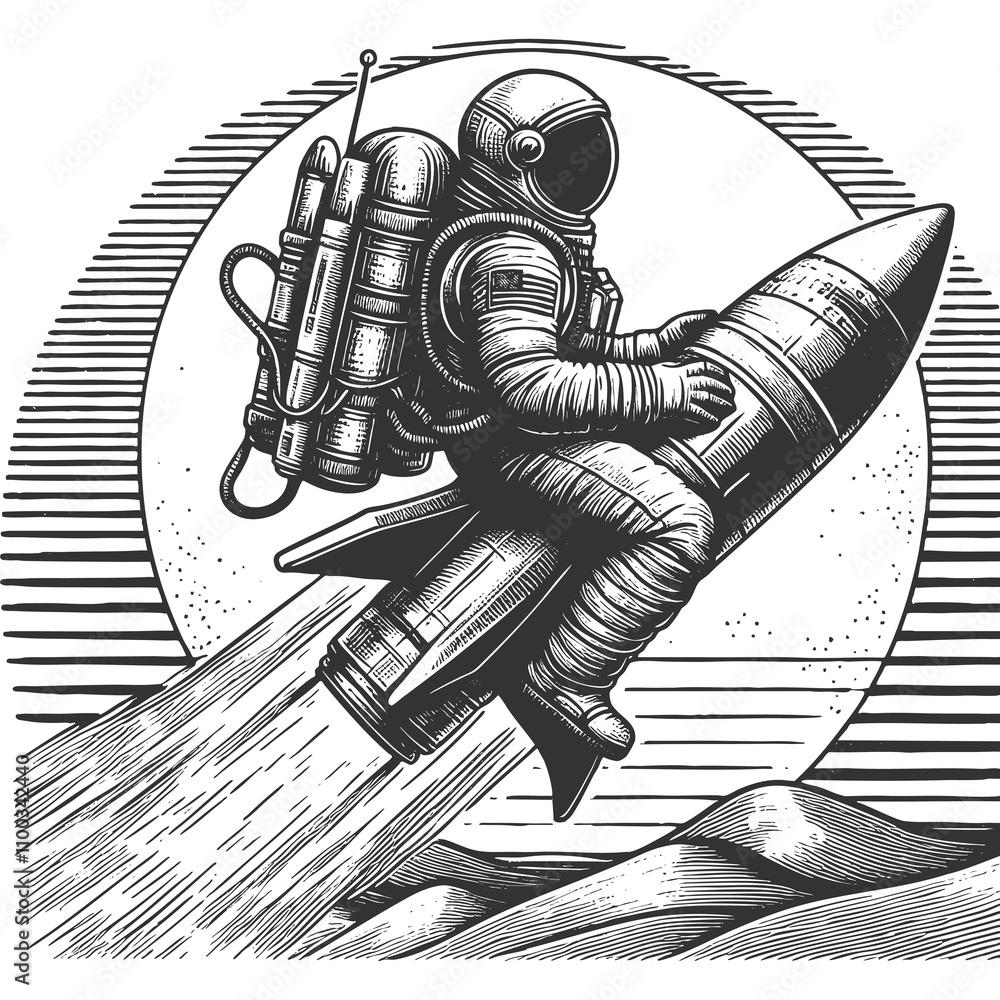 Poster astronaut giving a peace sign while riding a rocket through space, capturing adventure and whimsy sk