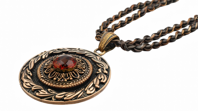 Antique bronze medallion, intricate leaf patterns, red gemstone center, double chain, vintage elegance Isolated on white background or PNG
