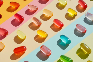 Brightly colored capsules sit on a striped pastel background, highlighting their beauty