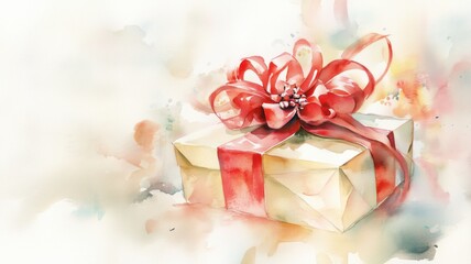 Beautifully wrapped gift box with red ribbon and bow against a soft watercolor background