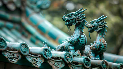 Fototapeta premium Teal Dragon Roof Statues Illustration