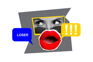 Composite collage image of bullying concept nervous victim face female elements loser billboard...