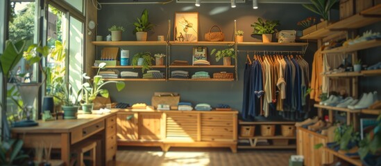 Obraz premium Sunlit boutique interior with wooden shelves, clothing racks, and potted plants.