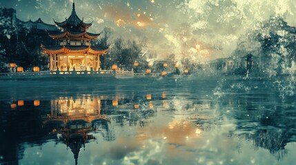 Obraz premium Serene pagoda reflected in water, surrounded by ethereal light and mist.