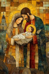 Holy family holding newborn baby jesus in mosaic style painting © foggycloud