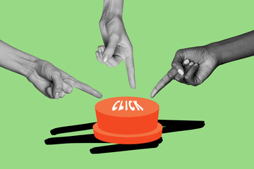 Creative drawing collage picture of fingers hands point click button billboard comics zine minimal