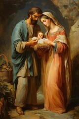 Holy family holding baby jesus in a manger, biblical scene © foggycloud