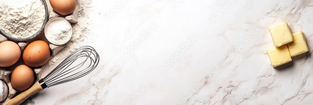Poster flour, eggs, whisk, and butter are carefully organized on a smooth white surface, providing an ideal