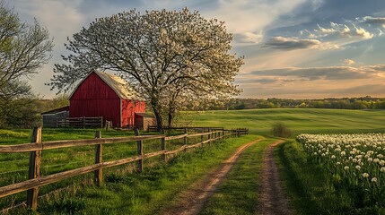 Rustic Countryside Landscape with Red Barn and White Flowers