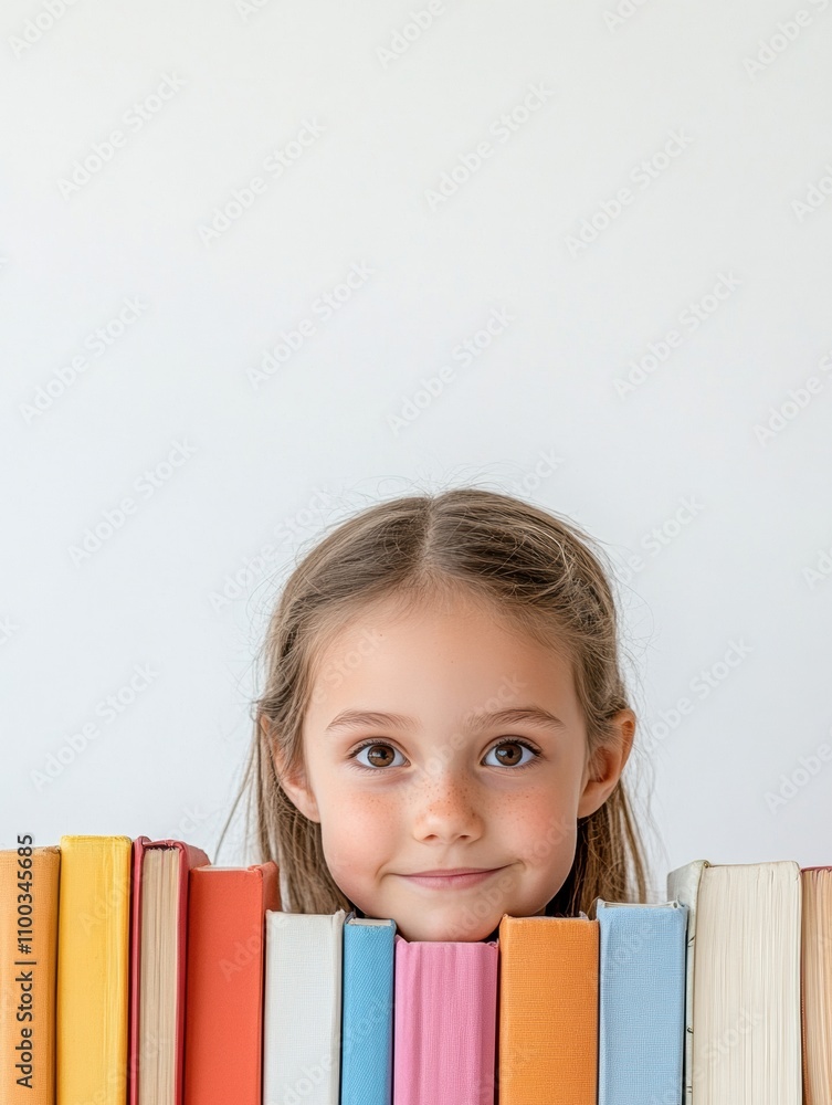 Poster a child with long hair stands behind a row of brightly colored books arranged on a white surface, sh