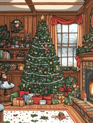 Christmas tree illuminating cozy living room with gifts and decorations