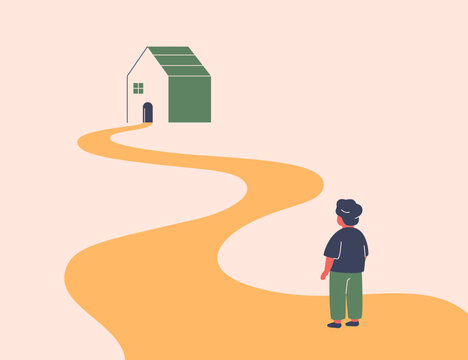 Child on the way home. Boy in the begging of long road to the safe space. Metaphor of to get family, stability, community for orphans and abandoned kids. Foster and parental care concept.